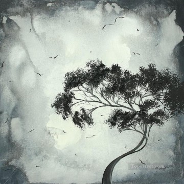 árbol y pájaros en blanco y negro Pinturas al óleo